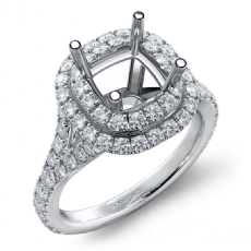 French Cut Halo Diamond Engagement Ring Cushion Semi Mount 14K White Gold 1.4Ct