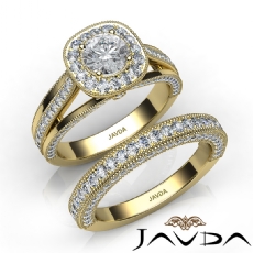 Milgrain Bridal Set Halo Pave diamond Ring 14k Gold Yellow