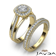 Milgrain Bridal Set Halo Pave diamond Ring 18k Gold Yellow