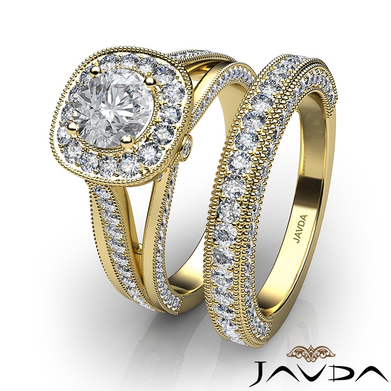 Milgrain Bridal Set Halo Pave diamond Ring 14k Gold Yellow