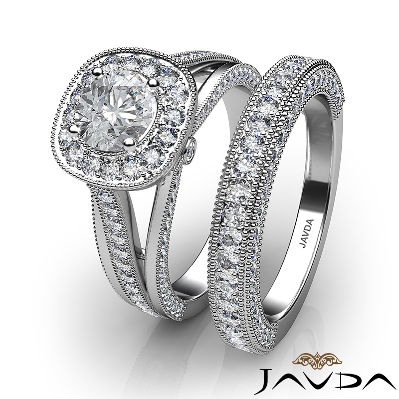 Milgrain Bridal Set Halo Pave diamond Ring 14k Gold White