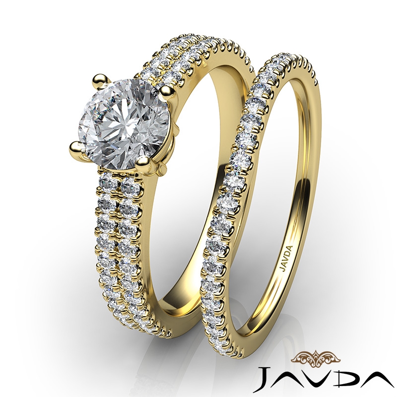 2 Row French Pave Bridal Set diamond Ring 18k Gold Yellow