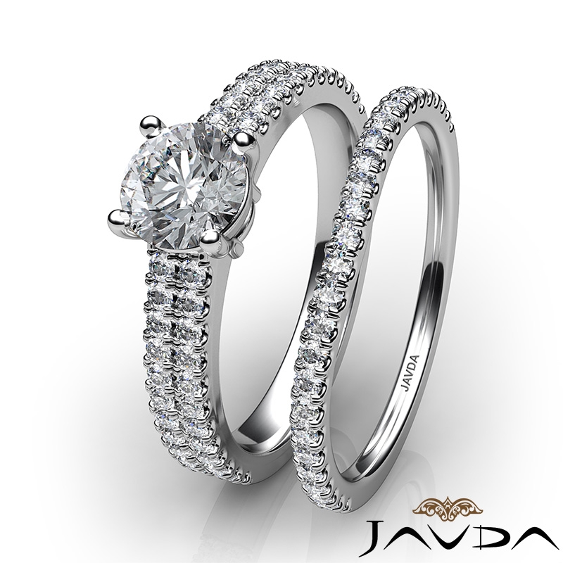 2 Row French Pave Bridal Set diamond Ring 14k Gold White