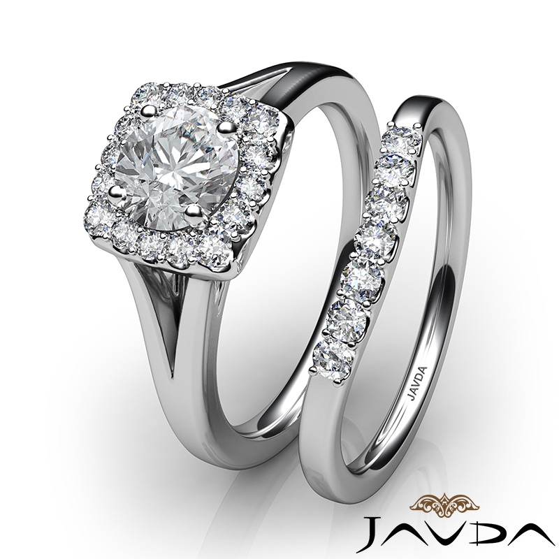 Halo Side Stone Bridal Set diamond Ring 14k Gold White