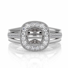 Halo Pre-Set Diamond Engagement Round SemiMount Millgrain Ring 14K W Gold 0.90Ct