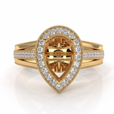 Halo Pave Diamond Engagement Pear Semi Mount Millgrain Ring 18k Gold Yellow  (0.9Ct. tw.)