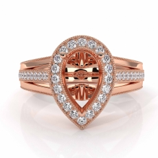 Halo Pave Diamond Engagement Pear Semi Mount Millgrain Ring 14k Rose Gold  (0.9Ct. tw.)
