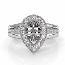 Halo Pave Diamond Engagement Pear Semi Mount Millgrain Ring Platinum 950  (0.9Ct. tw.)
