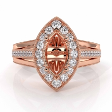 Halo Pave Diamond Engagement Marquise SemiMount Millgrain Ring 18k Rose Gold  (0.92Ct. tw.)