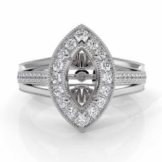 Halo Pave Diamond Engagement Marquise SemiMount Millgrain Ring 14K W Gold 0.92Ct
