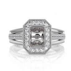 Halo Pave Diamond Engagement Emerald Semi Mount Millgrain Ring 14K W Gold 0.90Ct