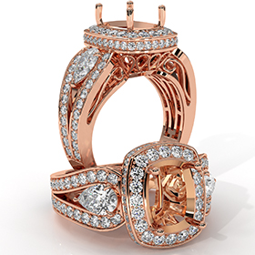 Cushion 3 Stone Halo Diamond Engagement Ring 14k Rose Gold Vintage Semi Mount  (1.85Ct. tw.)