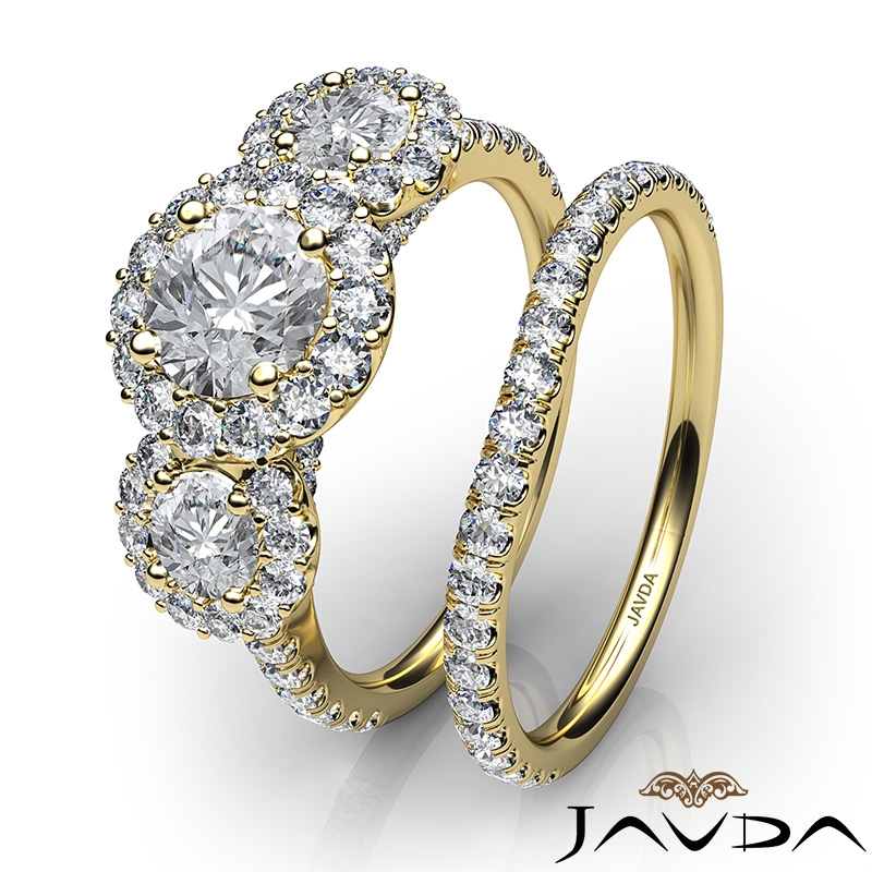 3 Stone Halo Bridal Set Pave diamond Ring 14k Gold Yellow