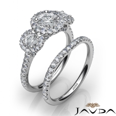 3 Stone Halo Bridal Set Pave diamond Ring 14k Gold White