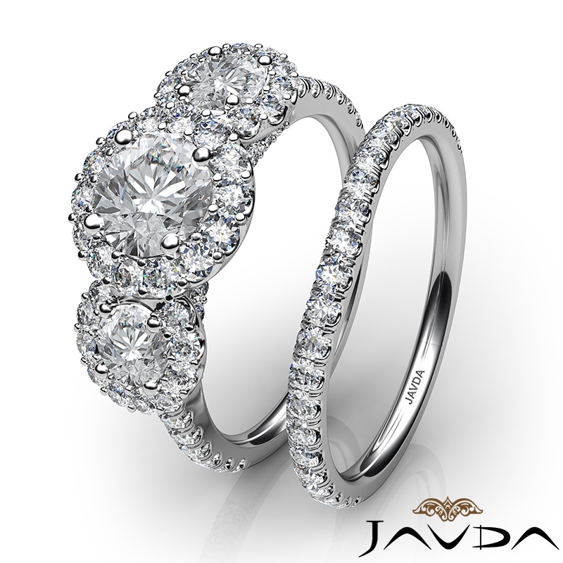 3 Stone Halo Bridal Set Pave diamond Ring 14k Gold White