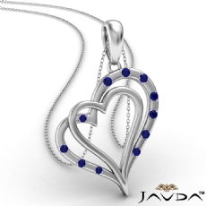 Two Heart Round Sapphire Gemstone Pendant Necklace 14k White Gold 0.15Ct