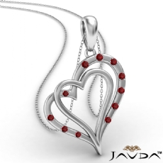 Two Heart Round Ruby Gemstone Pendant Necklace 14k White Gold 0.15Ct