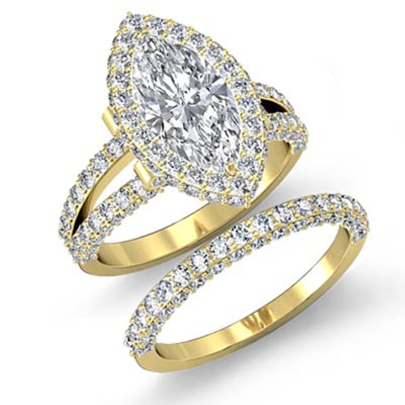 Halo Bridal Set Pave Setting diamond Ring 14k Gold Yellow