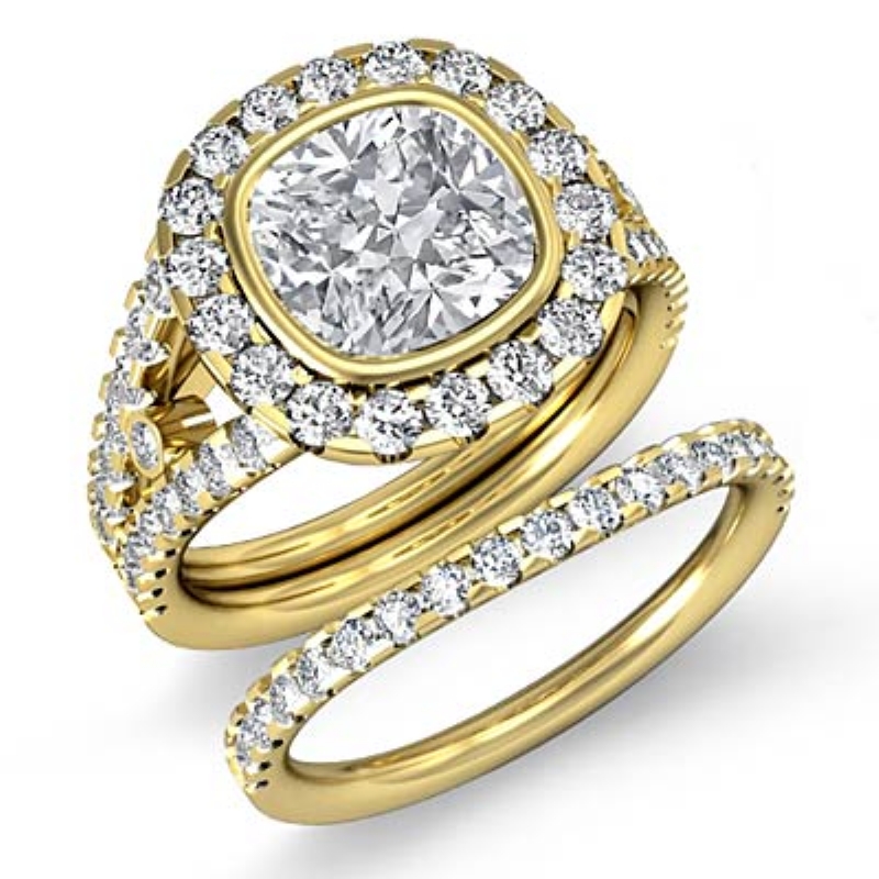 Bezel Pave Halo Bridal Set diamond Ring 14k Gold Yellow