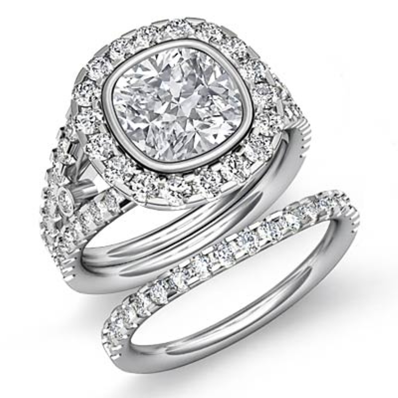 Bezel Pave Halo Bridal Set diamond Ring 14k Gold White