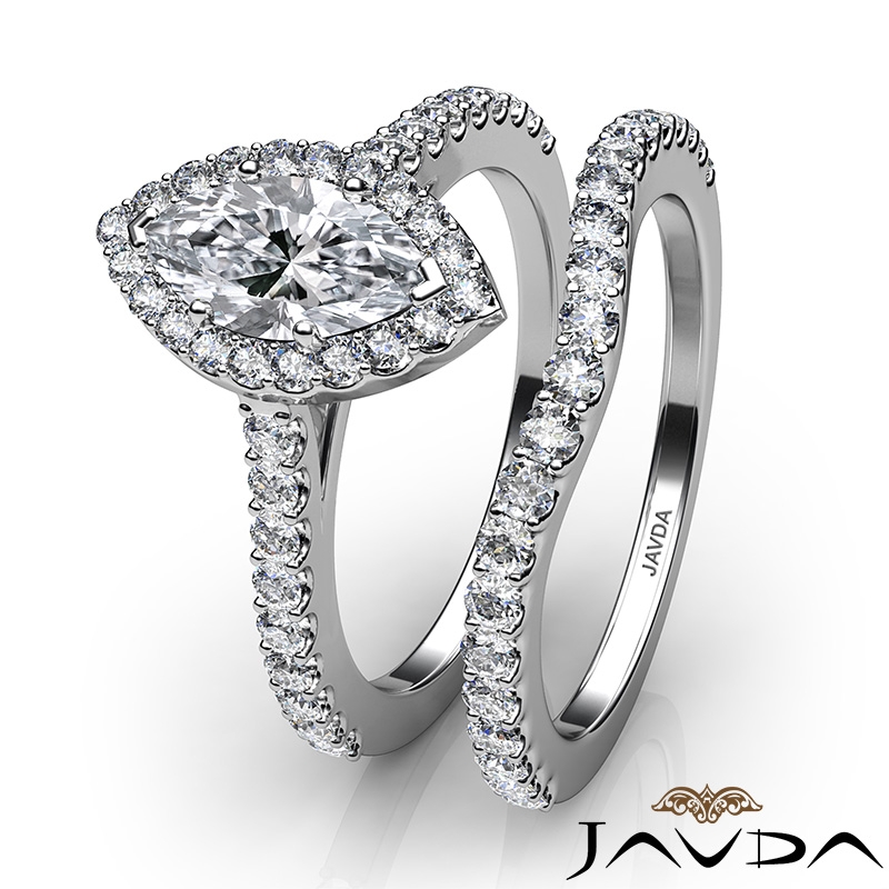 French U Pave Halo Bridal Set diamond Ring 14k Gold White