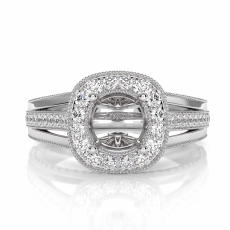 Halo Pre-Set Diamond Engagement Round SemiMount Millgrain Ring 14K W Gold 0.90Ct