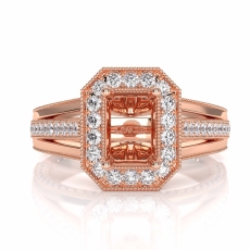 Halo Pave Diamond Engagement Emerald Semi Mount Millgrain Ring 14k Rose Gold  (0.9Ct. tw.)