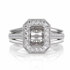 Halo Pave Diamond Engagement Emerald Semi Mount Millgrain Ring 14K W Gold 0.90Ct