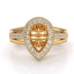 Halo Pave Diamond Engagement Pear Semi Mount Millgrain Ring 14k Yellow Gold 0.9Ct - javda.com 