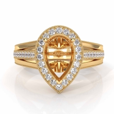Halo Pave Diamond Engagement Pear Semi Mount Millgrain Ring 14k Gold Yellow  (0.9Ct. tw.)