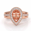 Halo Pave Diamond Engagement Pear Semi Mount Millgrain Ring 18k Rose Gold 0.9Ct - javda.com 
