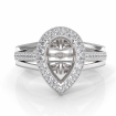 Halo Pave Diamond Engagement Pear Semi Mount Millgrain Ring 14k White Gold 0.9Ct - javda.com 