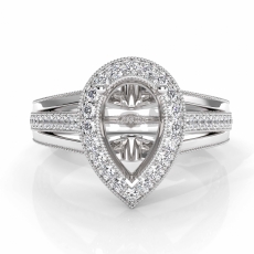 Halo Pave Diamond Engagement Pear Semi Mount Millgrain Ring 14K W Gold 0.90Ct