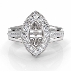 Halo Pave Diamond Engagement Marquise SemiMount Millgrain Ring 14K W Gold 0.92Ct