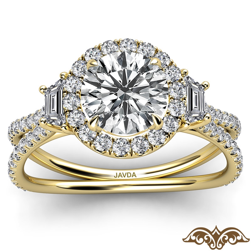 Baguette Three Stone Halo Pave diamond Ring 18k Gold Yellow