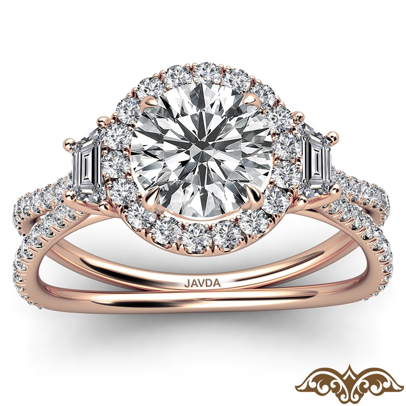 Baguette Three Stone Halo Pave diamond Ring 14k Rose Gold