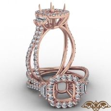 3 Stone Baguette Cushion Semi Mount Halo Diamond Engagement Ring 14k Rose Gold  (1.1Ct. tw.)