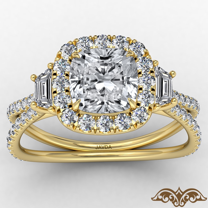 Halo Three Stone Claw Prong diamond Ring 18k Gold Yellow