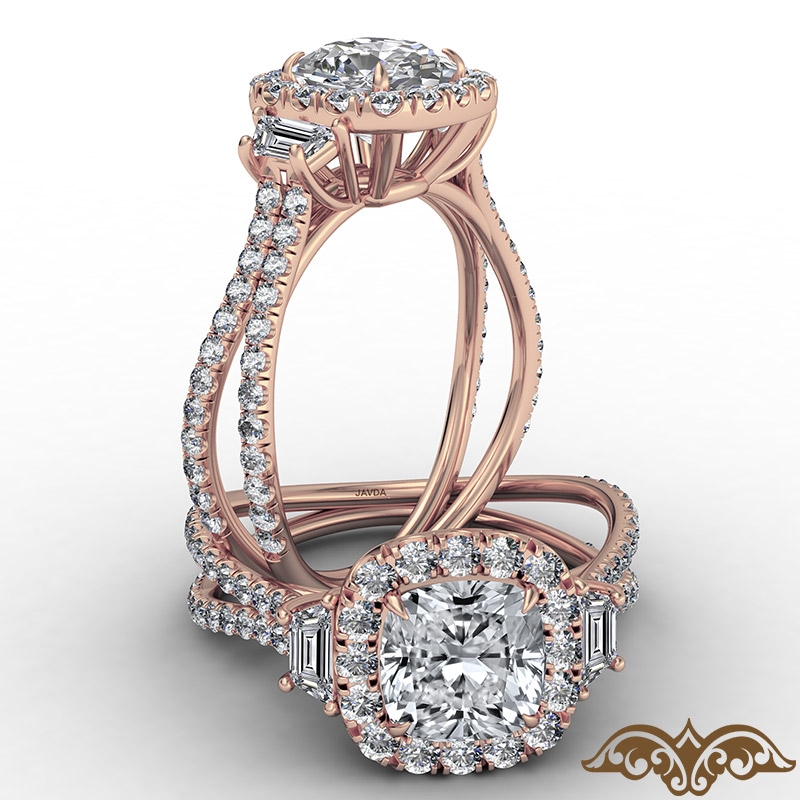 Halo Three Stone Claw Prong diamond Ring 18k Rose Gold