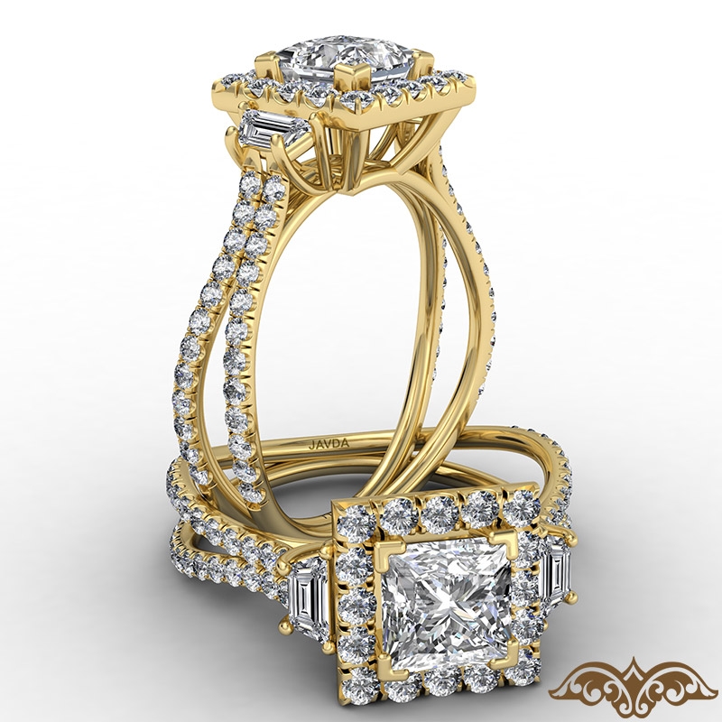 Split Shank Halo Three Stone diamond Ring 18k Gold Yellow