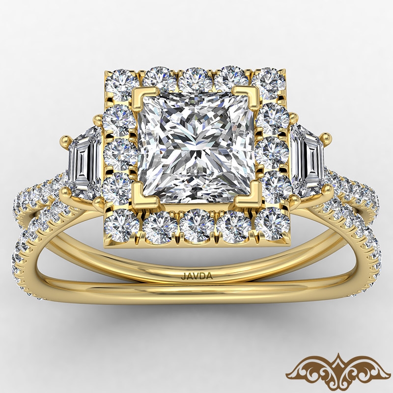 Split Shank Halo Three Stone diamond Ring 18k Gold Yellow
