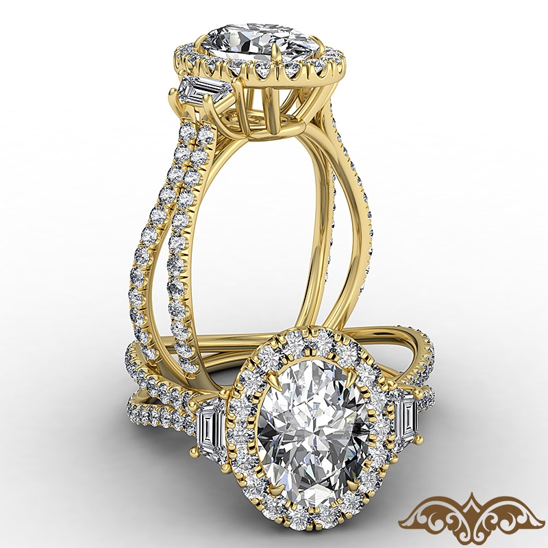 French Halo Baguette 3 Stone diamond Ring 18k Gold Yellow