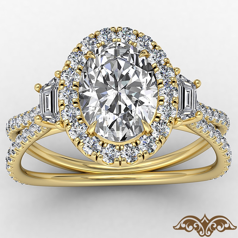 French Halo Baguette 3 Stone diamond Ring 18k Gold Yellow