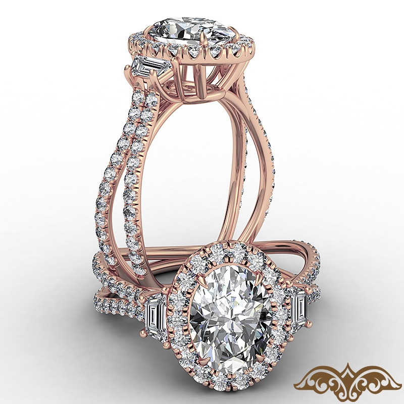 French Halo Baguette 3 Stone diamond Ring 14k Rose Gold