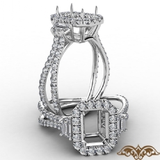Three Stone Halo Diamond Emerald Cut Semi Mount Engagement Ring 14k Gold 1.10Ct