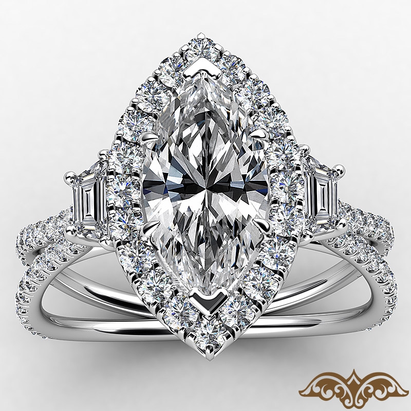 French Pave Halo Three Stone diamond Ring 14k Gold White