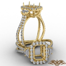 Three Stone Halo Diamond Emerald Cut Semi Mount Engagement Ring 14k Gold Yellow  (1.1Ct. tw.)