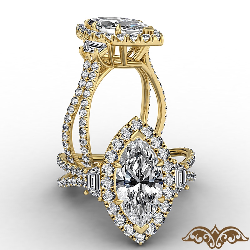 French Pave Halo Three Stone diamond Ring 18k Gold Yellow