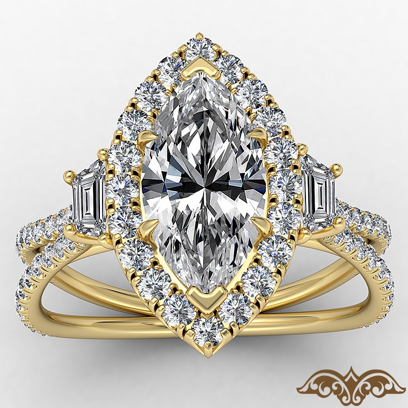 French Pave Halo Three Stone diamond Ring 18k Gold Yellow