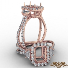 Three Stone Halo Diamond Emerald Cut Semi Mount Engagement Ring 14k Rose Gold  (1.1Ct. tw.)